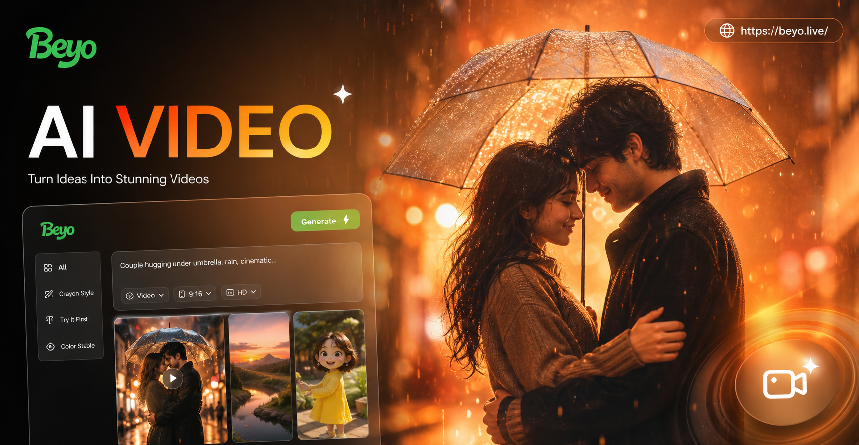 AI generated couple hugging under umbrella cinematic video