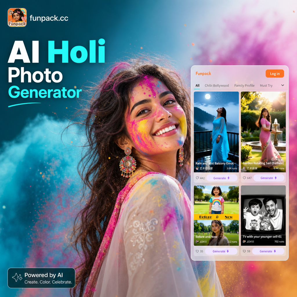 AI Holi photo generator transforming a portrait into a vibrant color festival