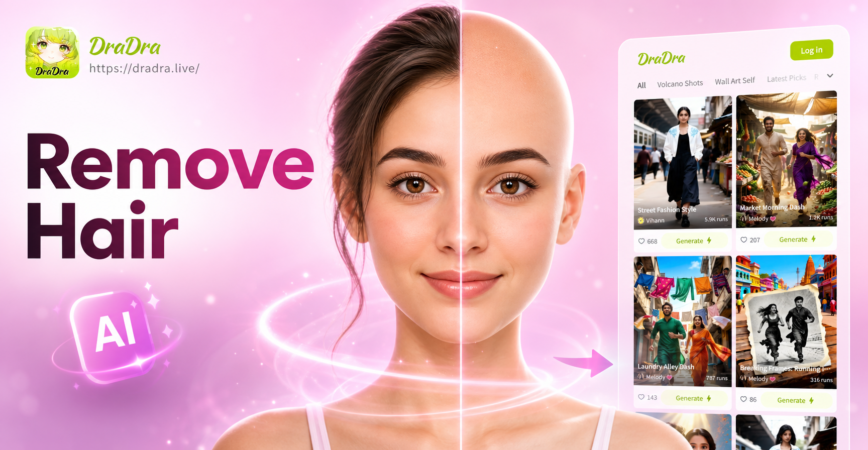 Before and after AI hair removal from a photo showing clean skin