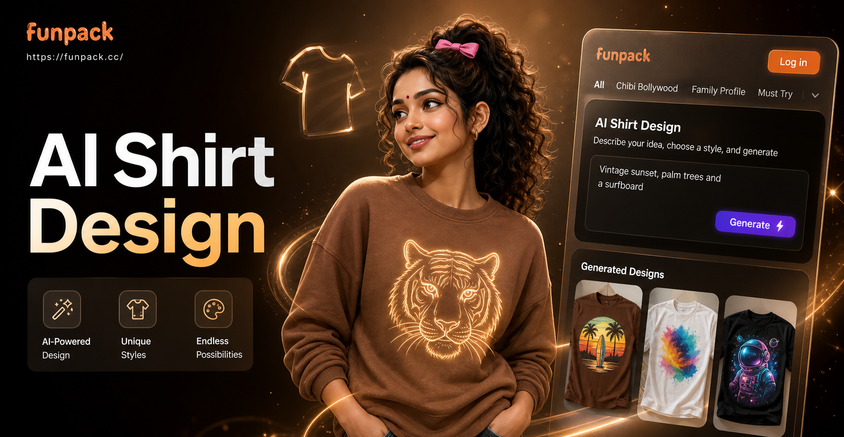 AI Shirt Design Generator app interface showing custom t-shirt graphics