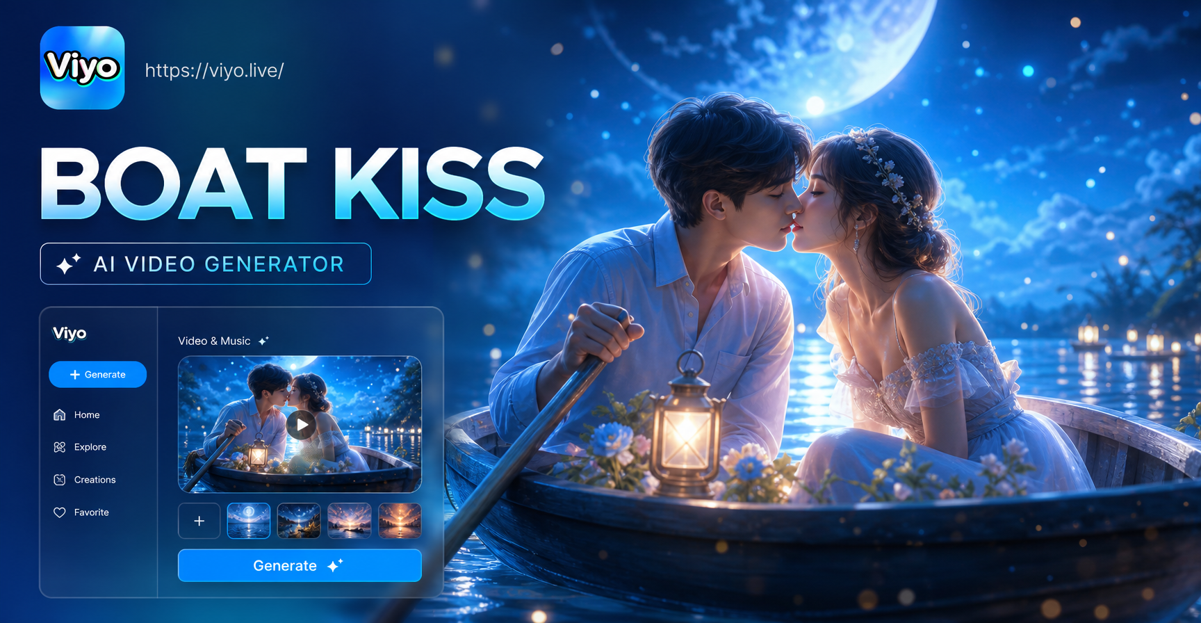AI生成のロマンティックなボートキス動画シーンの例