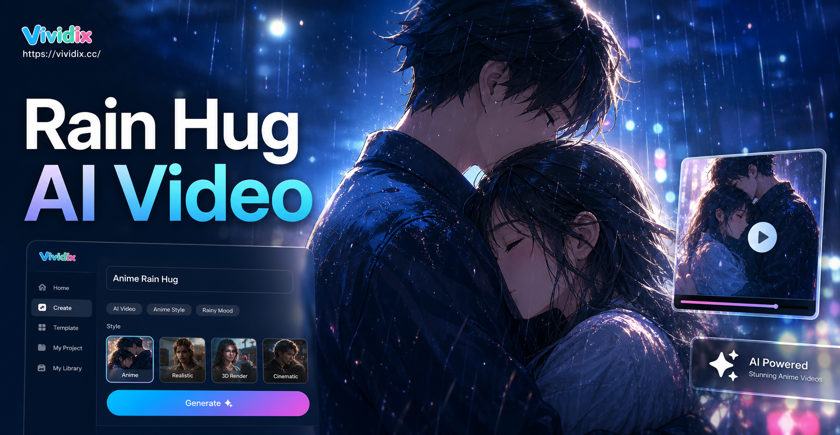 Ejemplo de video con IA de pareja de anime abrazándose bajo la lluvia