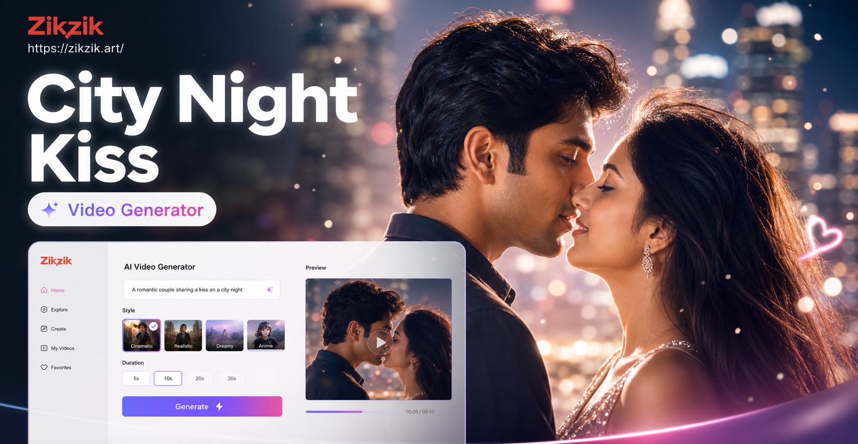 AI generated cinematic city night kiss video scene