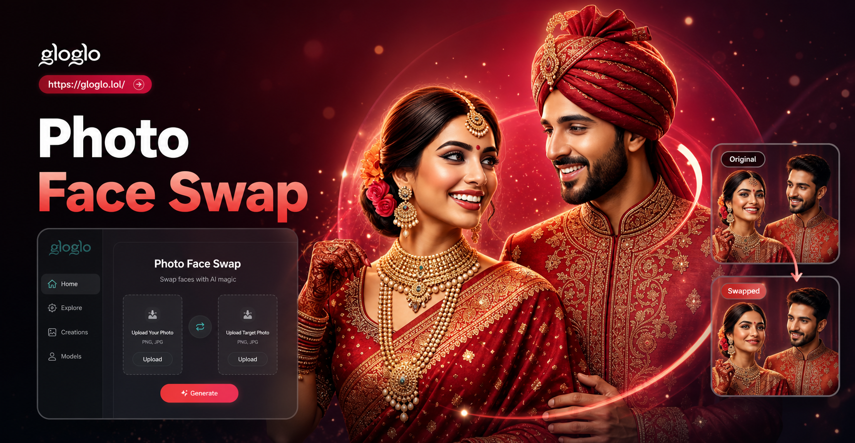 AI face swap demonstration showing a seamless face transfer between two photos