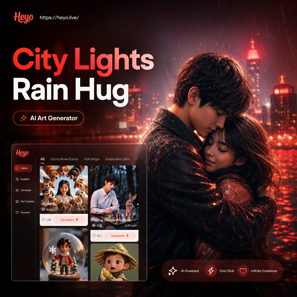 City Lights Rain Hug effect example, romantic couple in neon rain