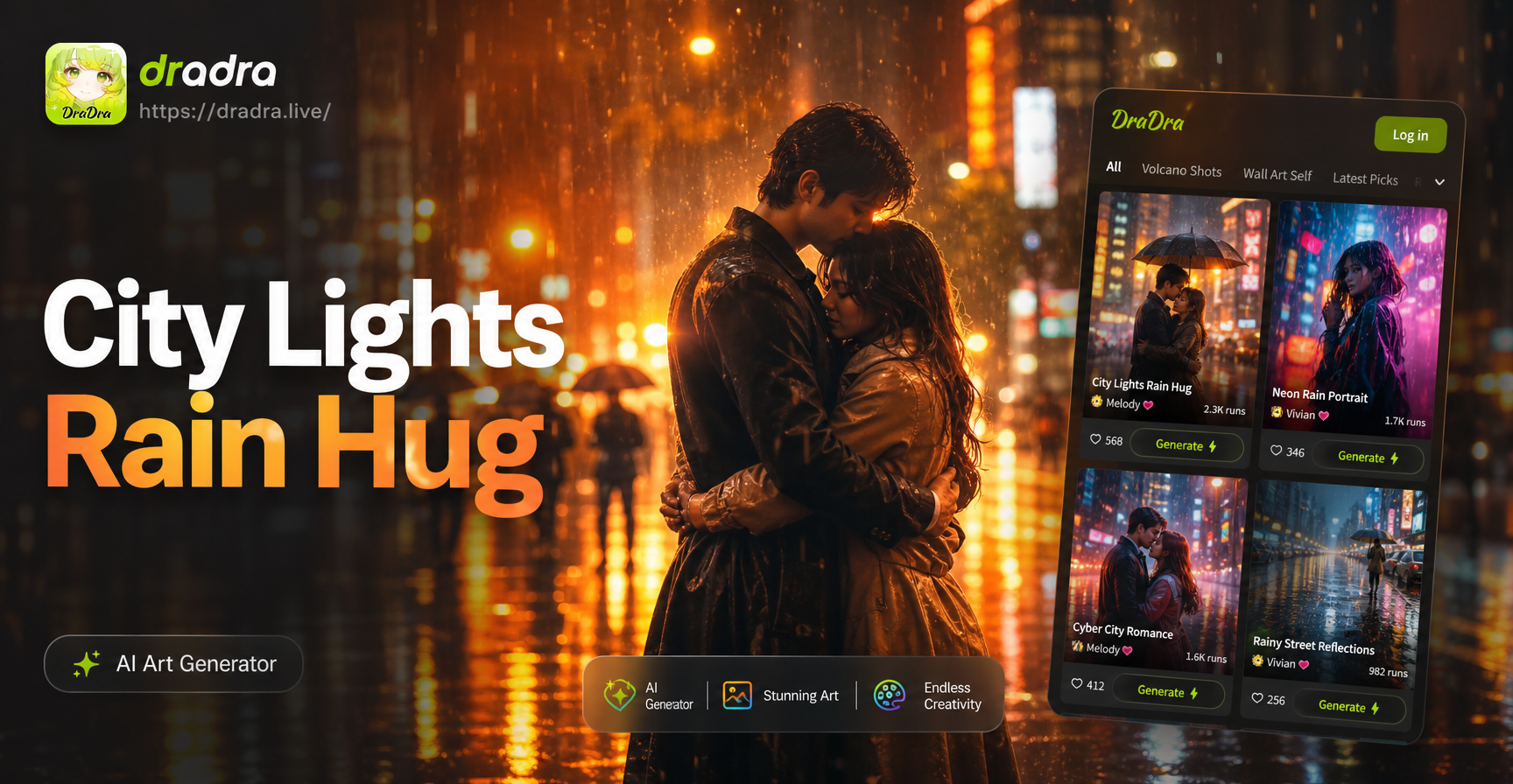 Create Magical City Lights Rain Hugs with AI