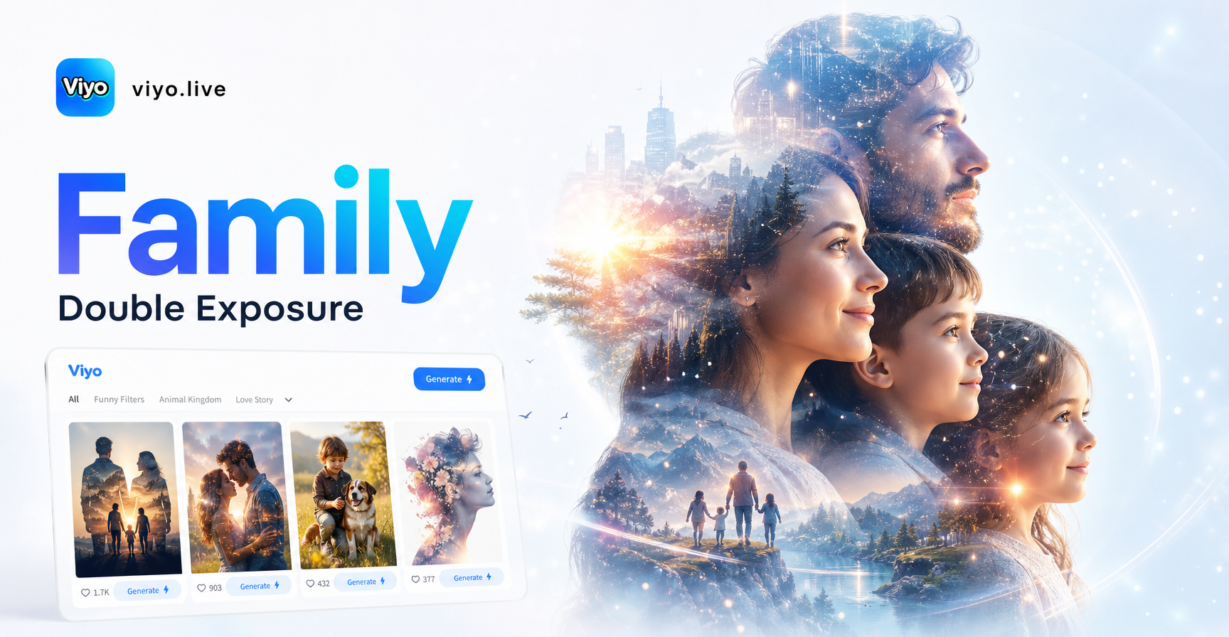 AI double exposure family photo example showing a portrait blended with a nature scene