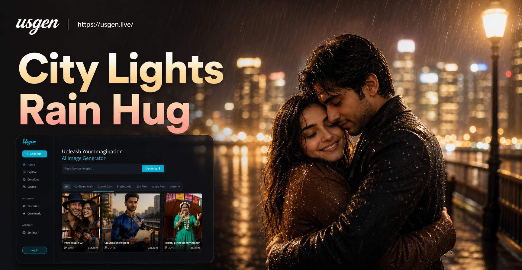 AI generated city lights rain scene