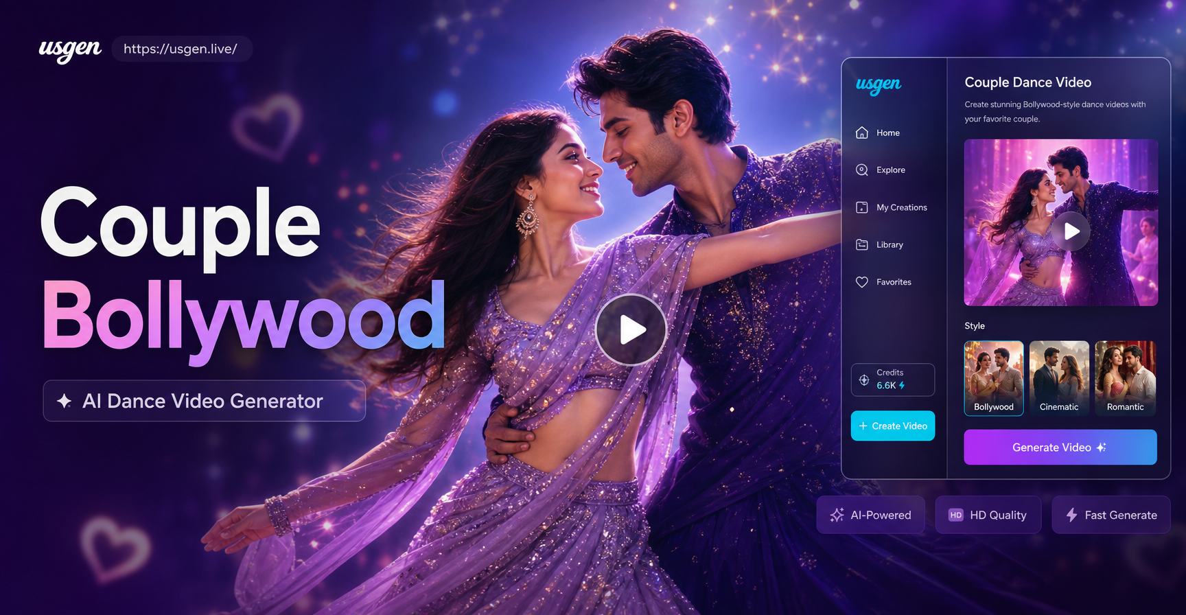 Couple Bollywood Dance Video Generator - AI Powered Creative Tool | Usgen