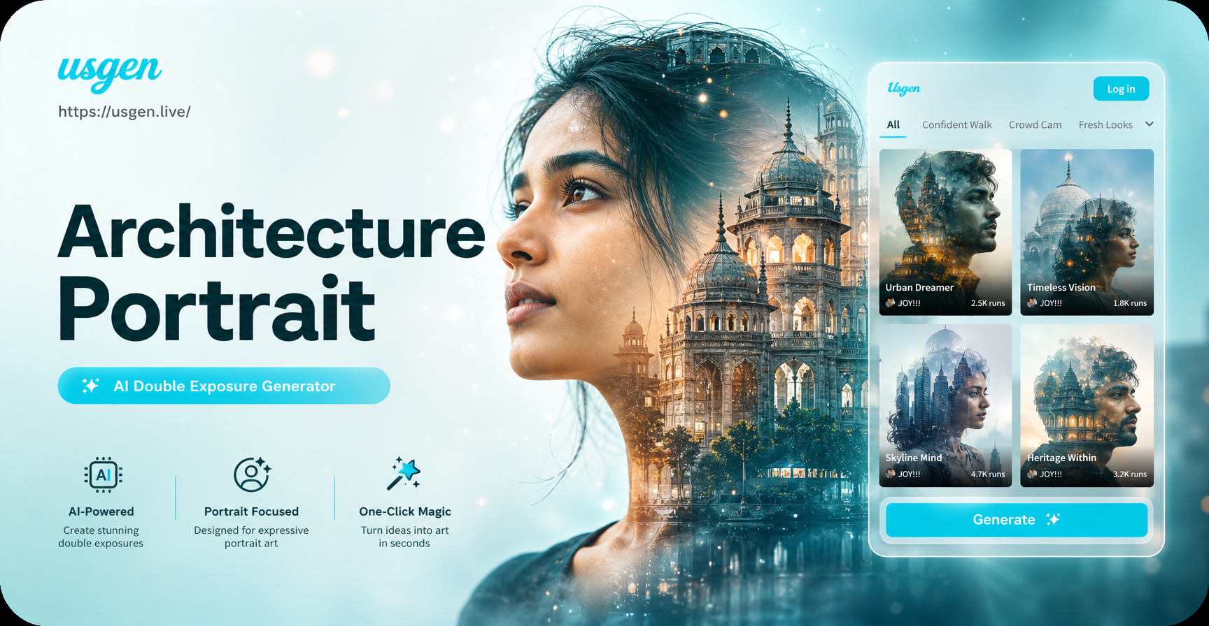 Architecture Double Exposure Portrait Generator - AI Powered Creative Tool | Usgen