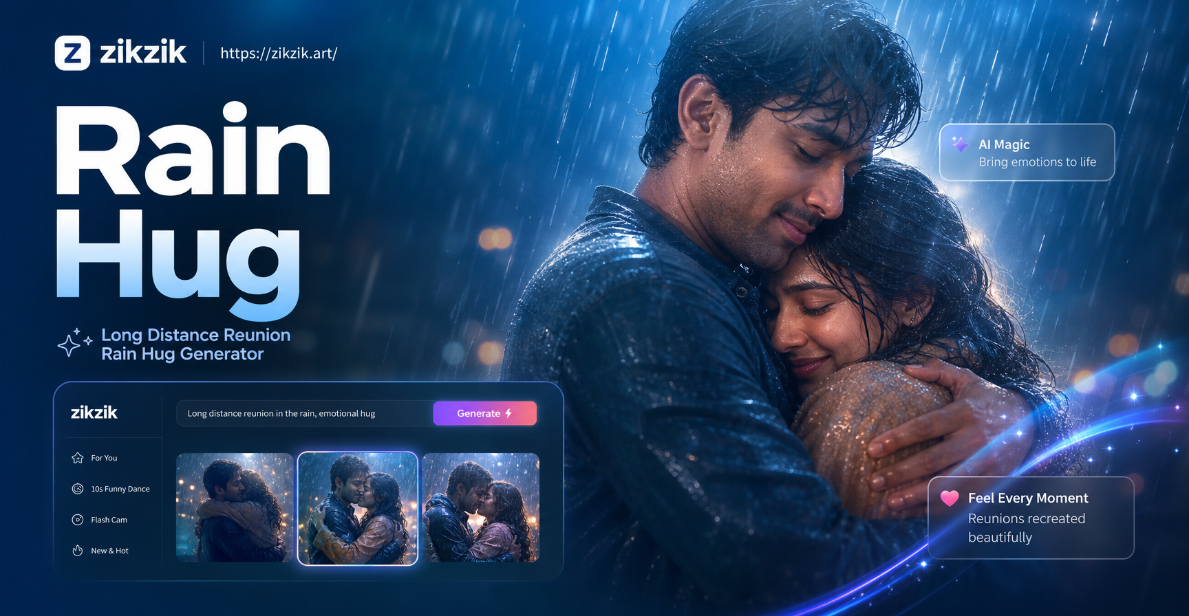 Long distance reunion rain hug AI generated video