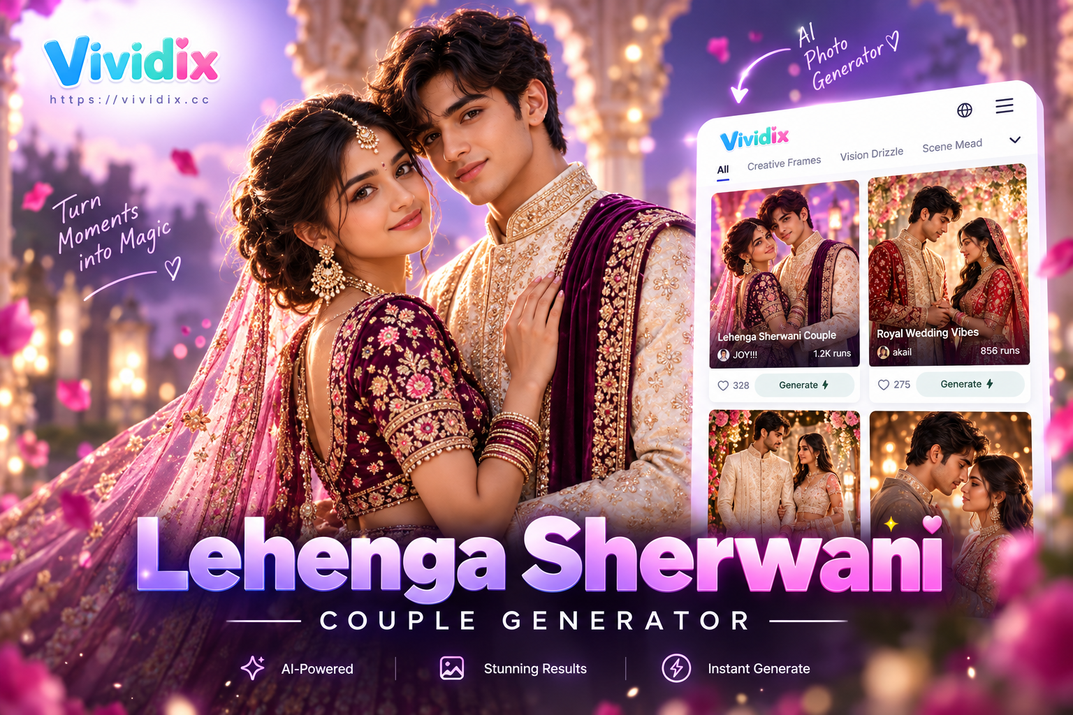 Erstelle perfekte Lehenga-Sherwani Paarfotos mit KI