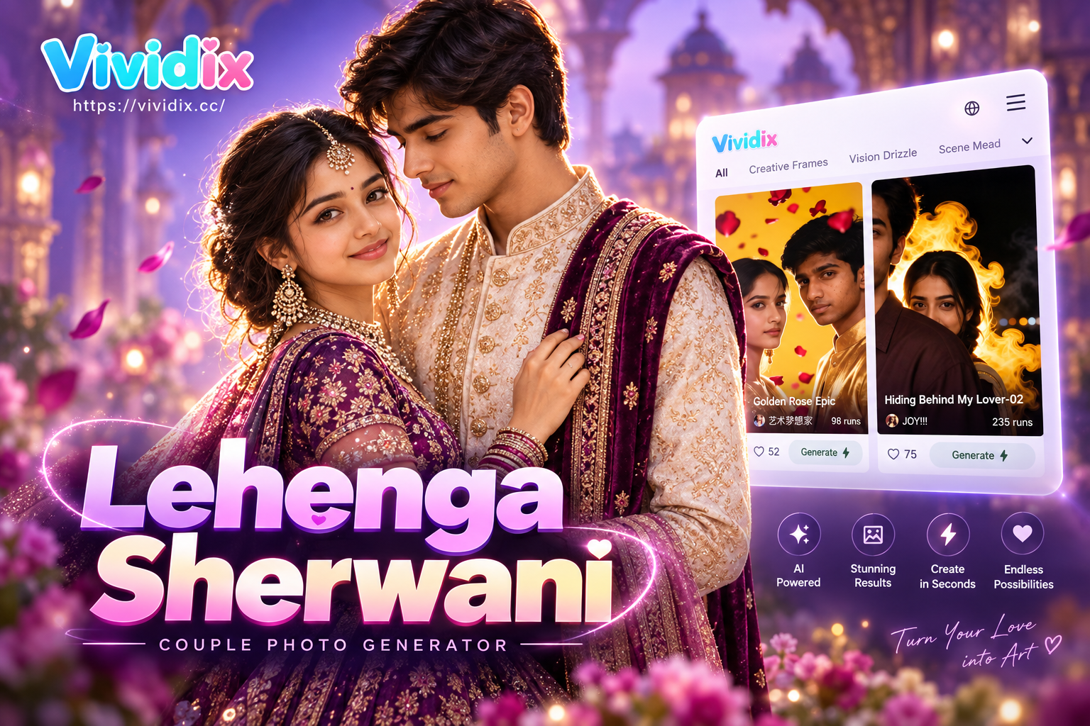 KI-generiertes Lehenga-Sherwani-Paarporträt