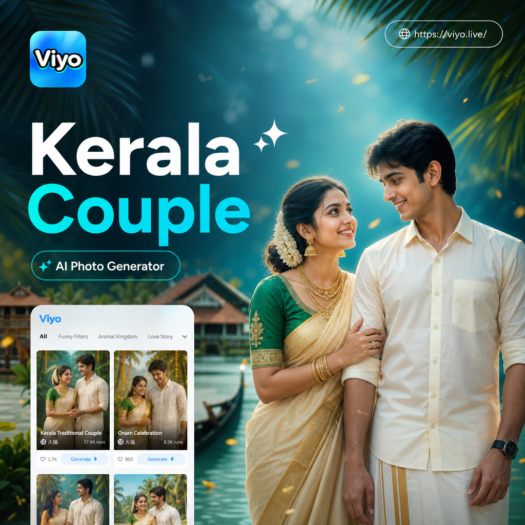 AI generated Kerala couple in traditional golden bordered attire