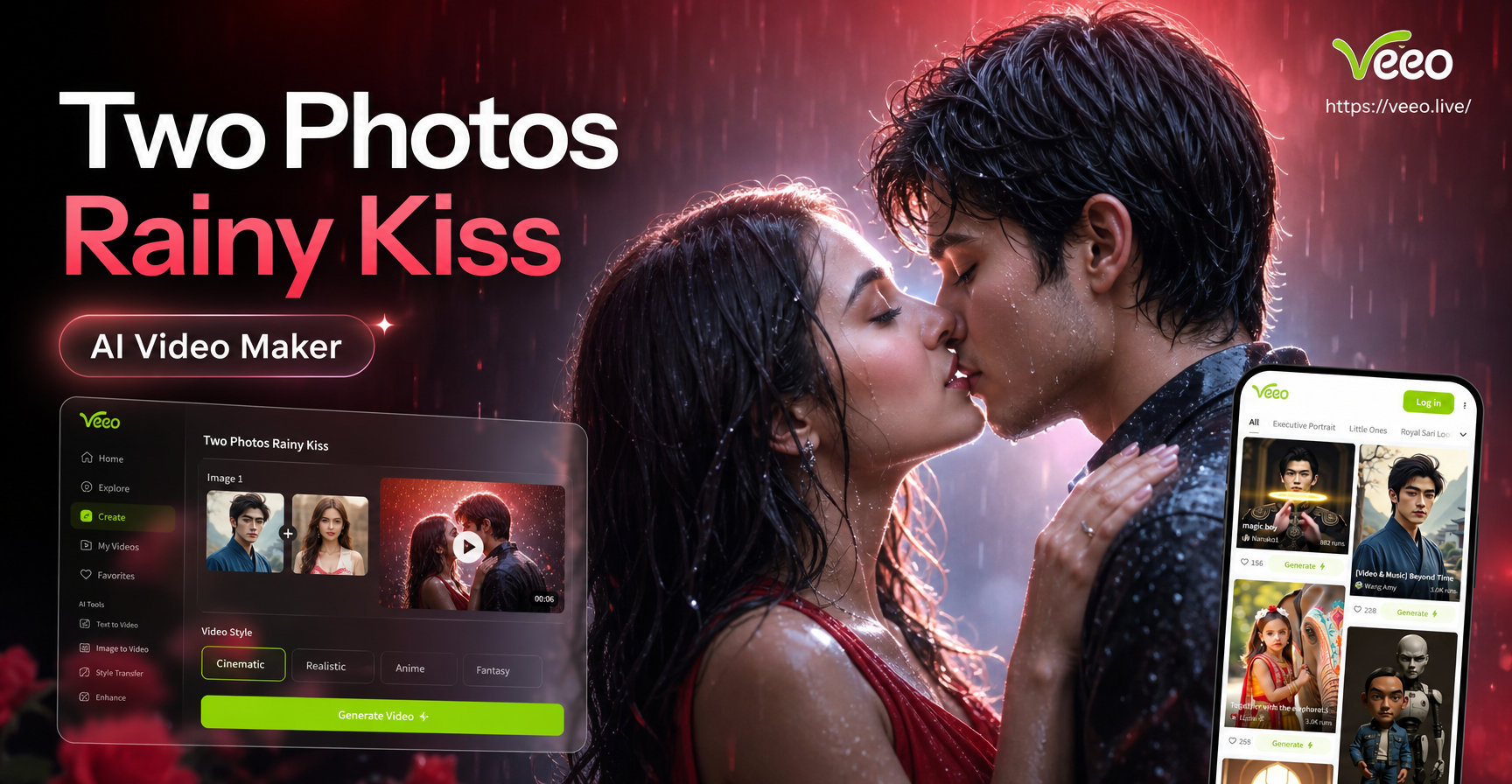 Dos fotos en un vídeo de besos | Creador de animación de besos lluviosos con IA