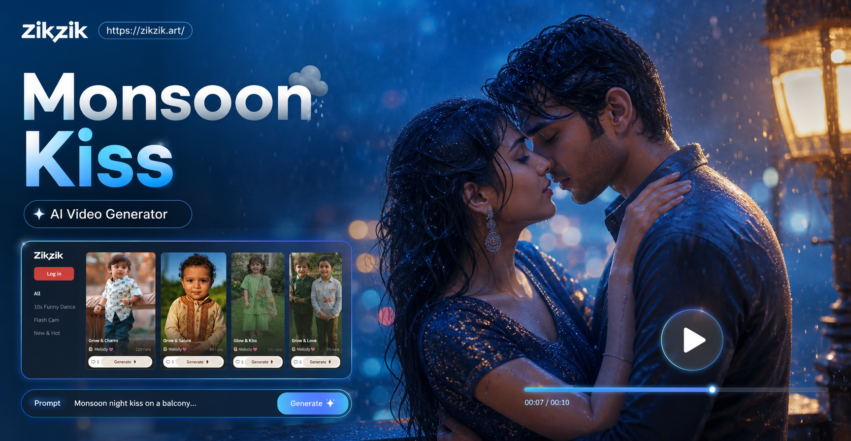 Create Monsoon Kiss Videos with AI Romance Generator