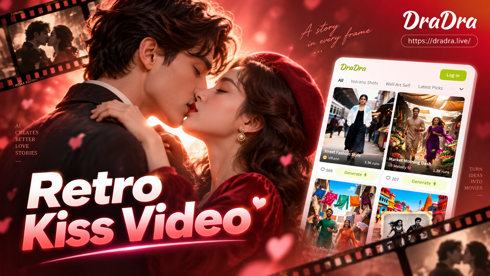 Create Retro Kiss Videos Instantly with AI Film Effects