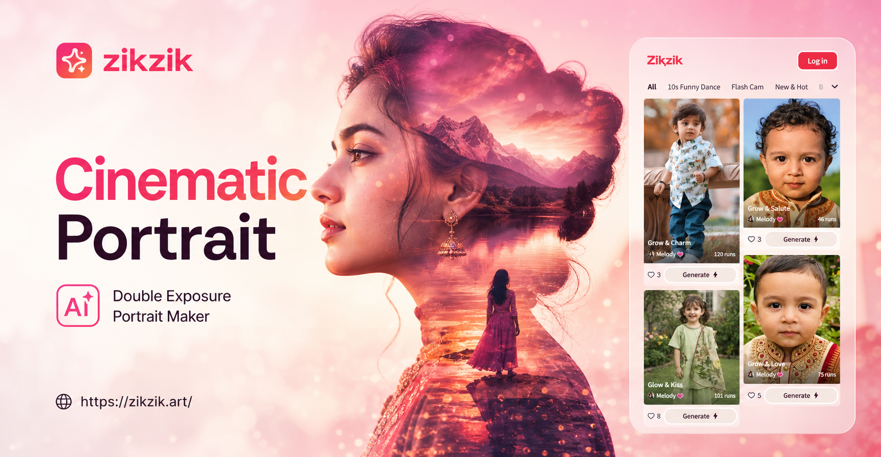 Cinematic double exposure portrait example with layered landscape texture