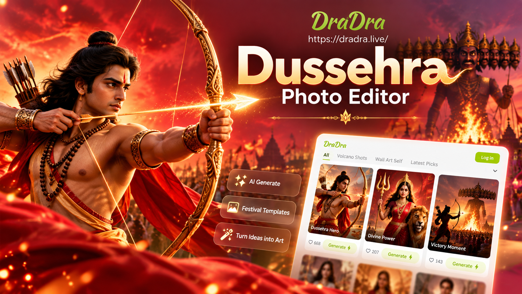 Antes e depois da edição de foto de Dussehra com molduras e fundos festivos