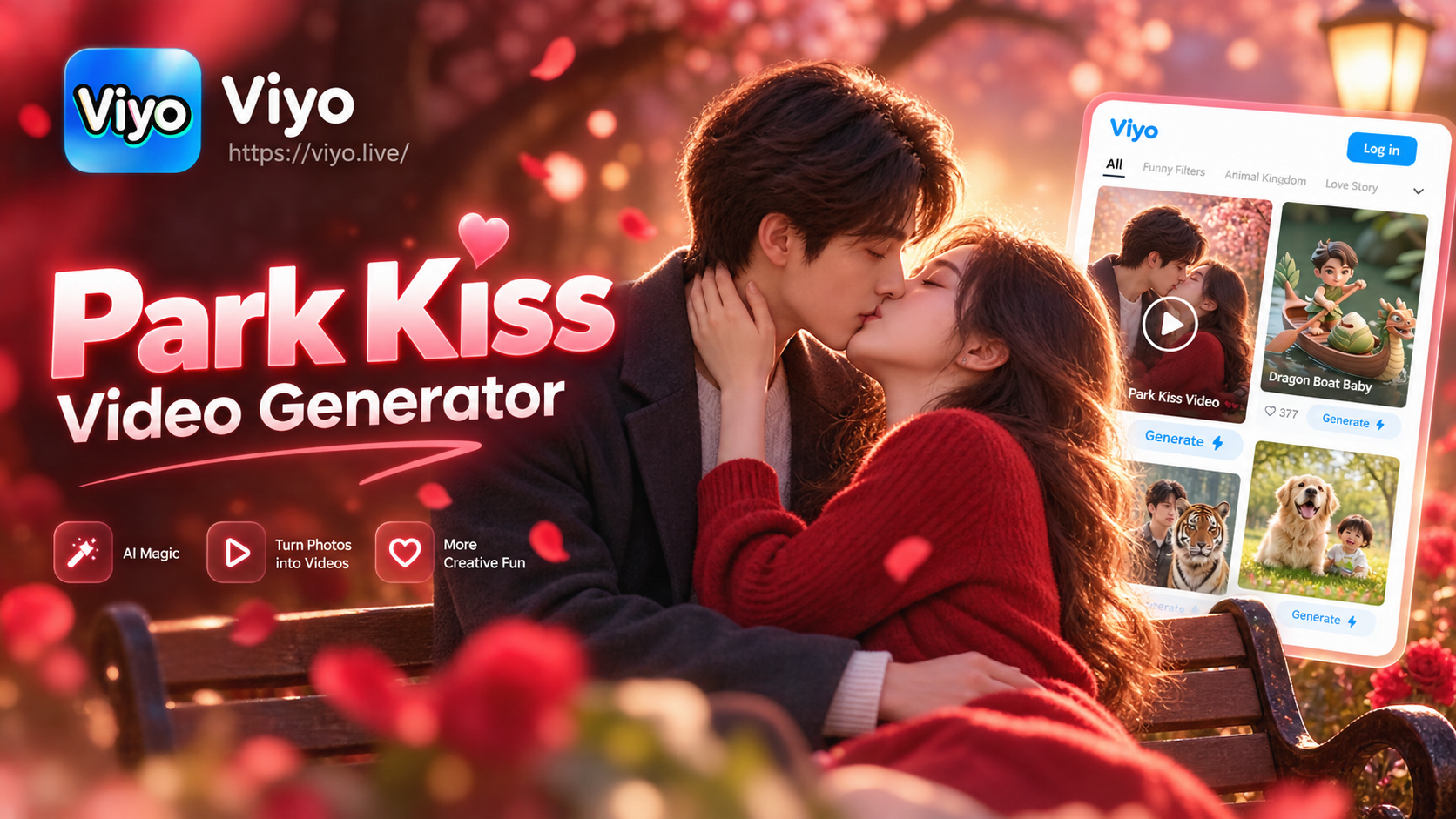 AI generated romantic park kiss video scene