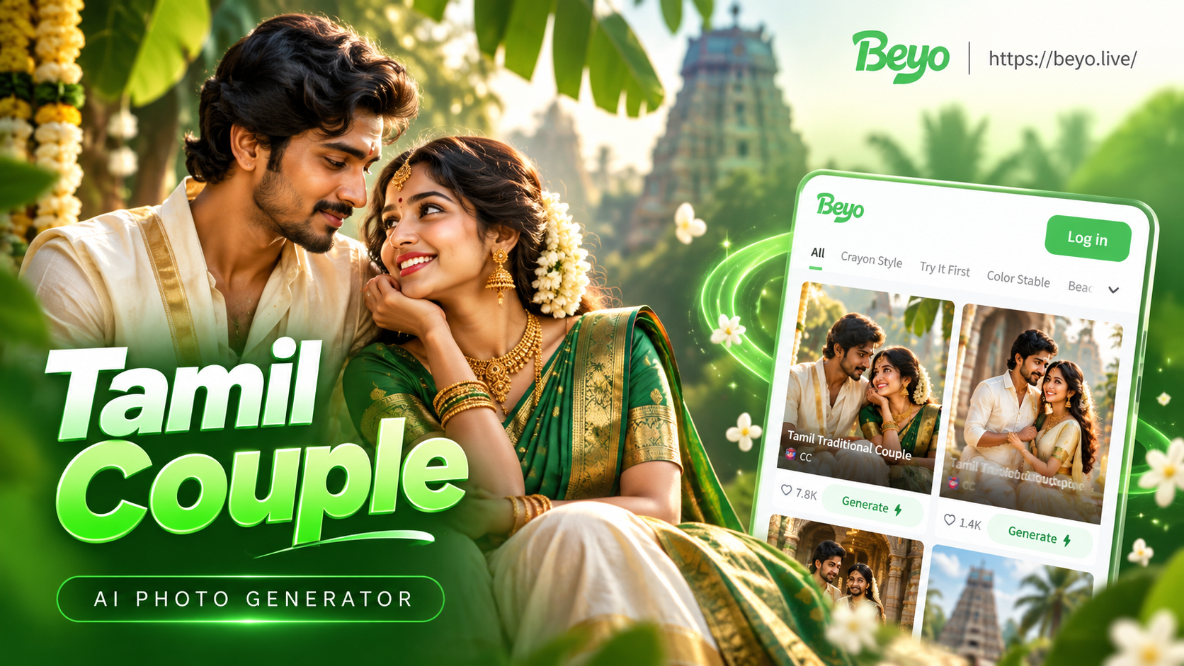 Pareja tamil con saree de seda tradicional de Kanchipuram