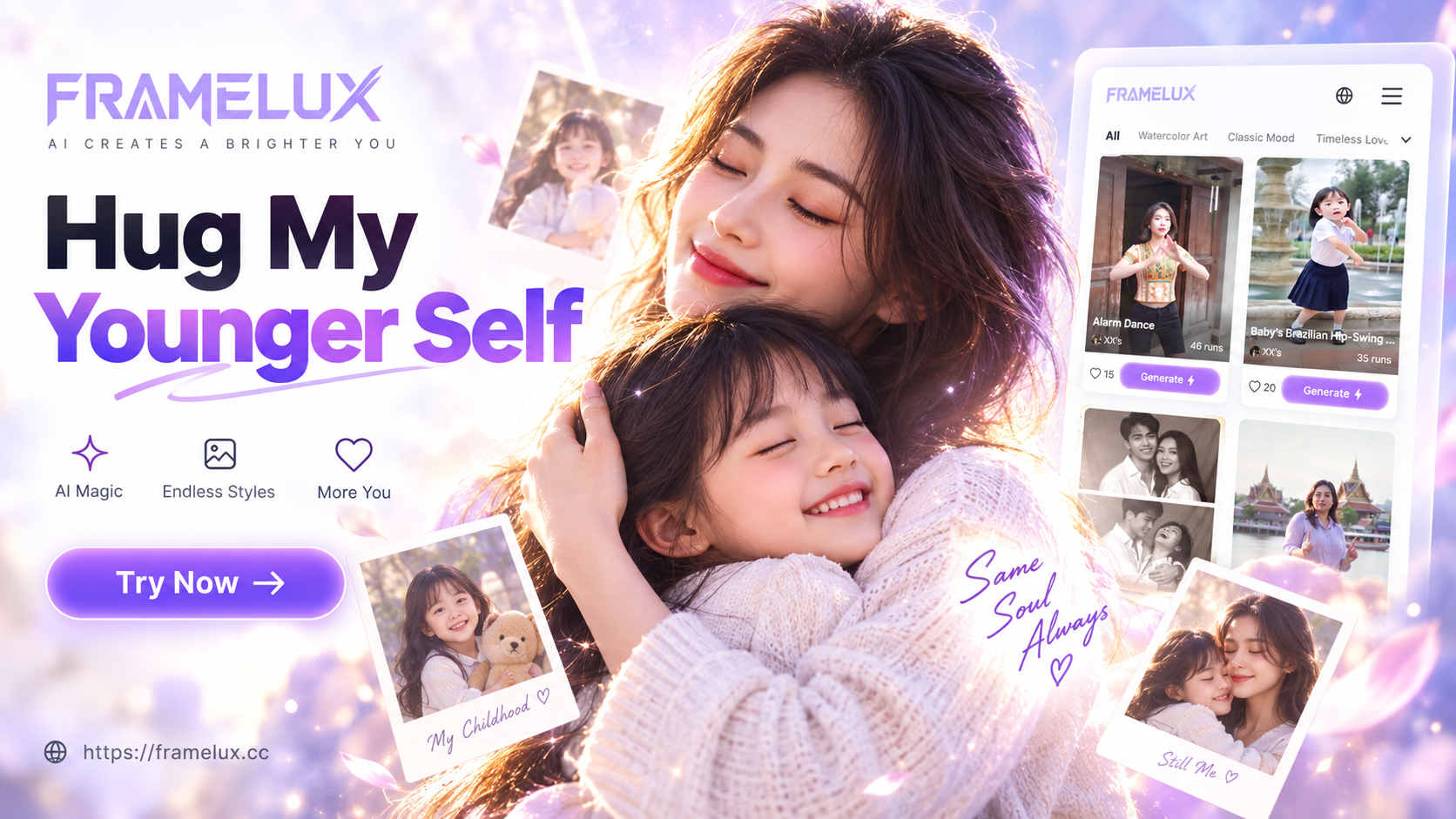 AI generated image of a person hugging their younger self