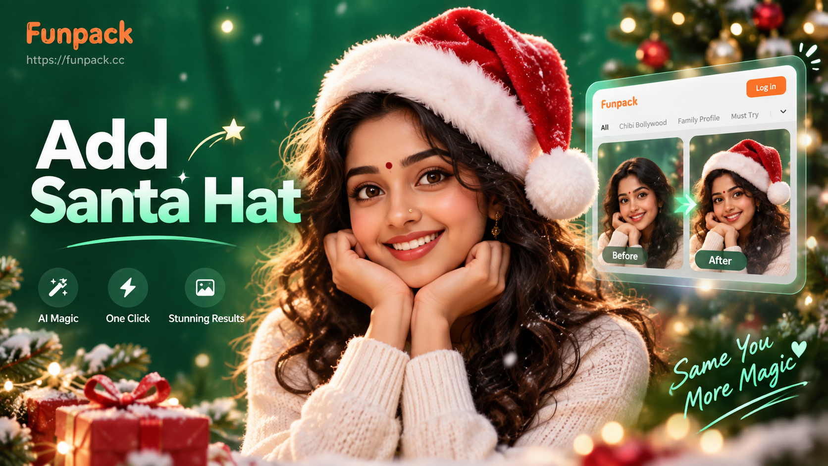 Before and after photo showing AI Santa hat added