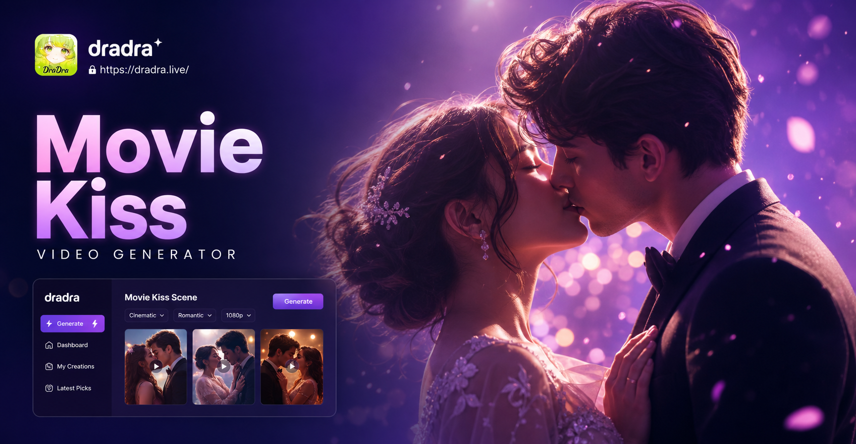 AI generated movie kiss video scene example