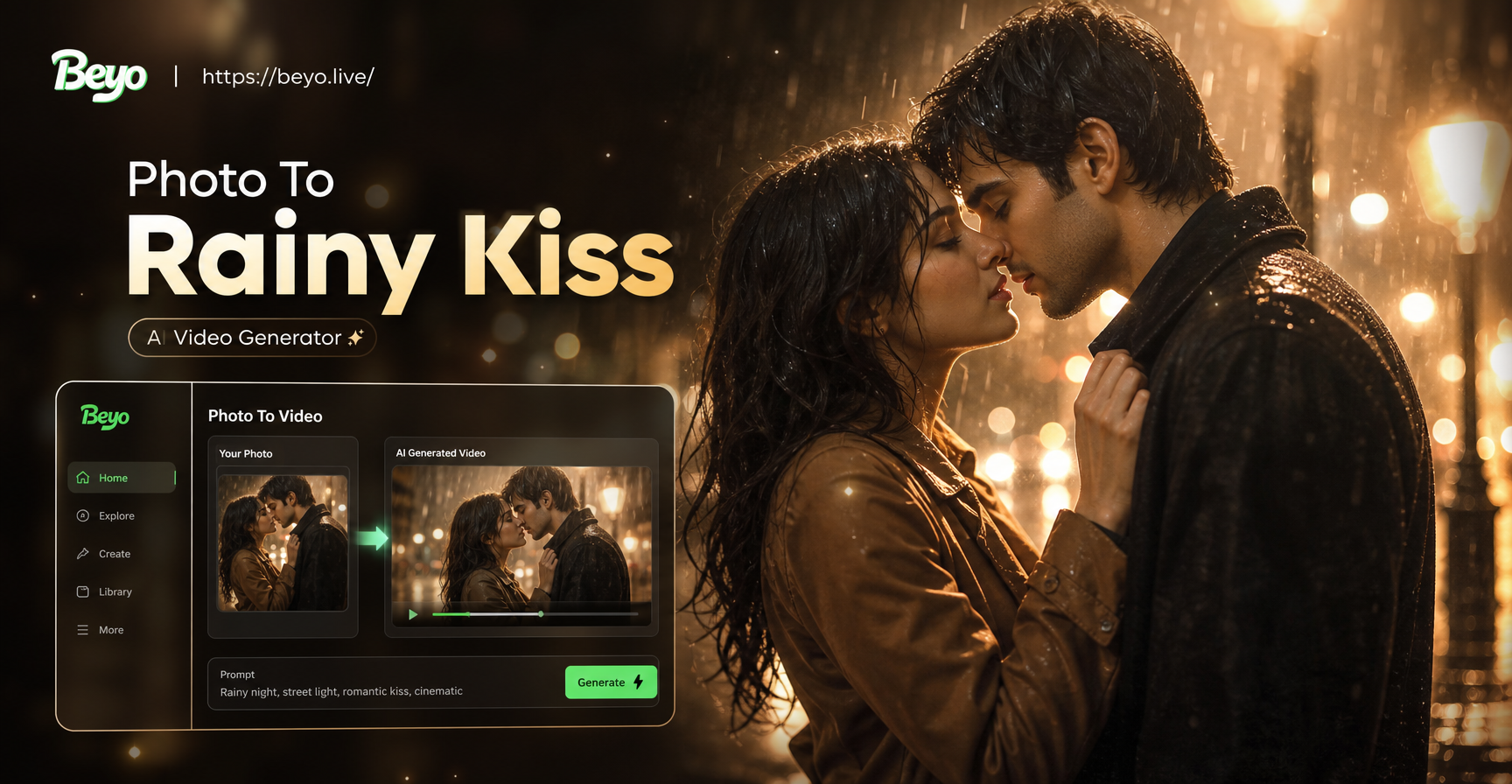 Create Romantic Rainy Night Kiss Videos from Photos
