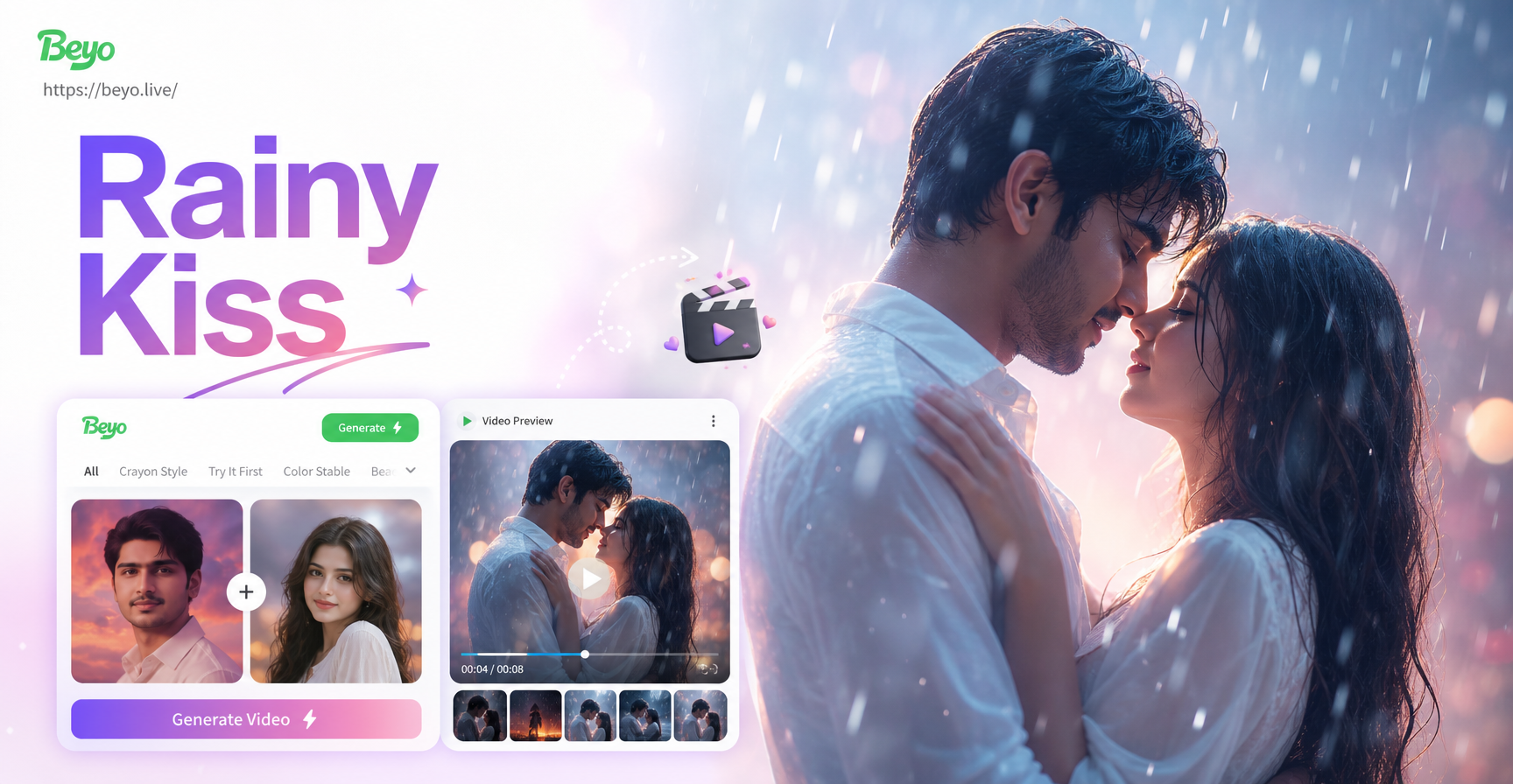 Create a Rainy Kiss Video from Two Photos | AI Animation Maker