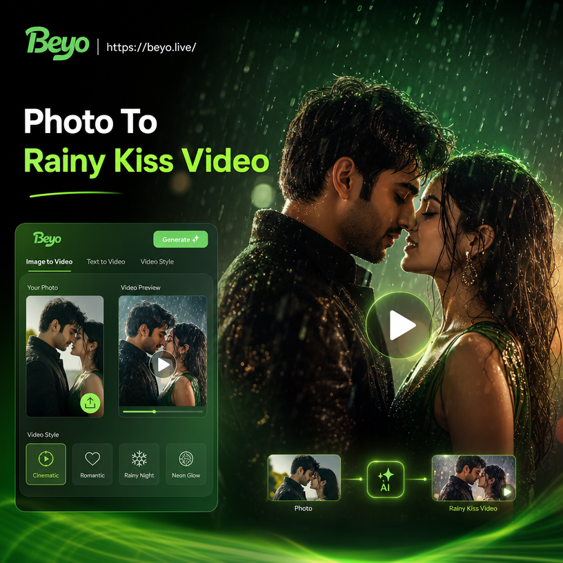 Photo to rainy night kiss video transformation result