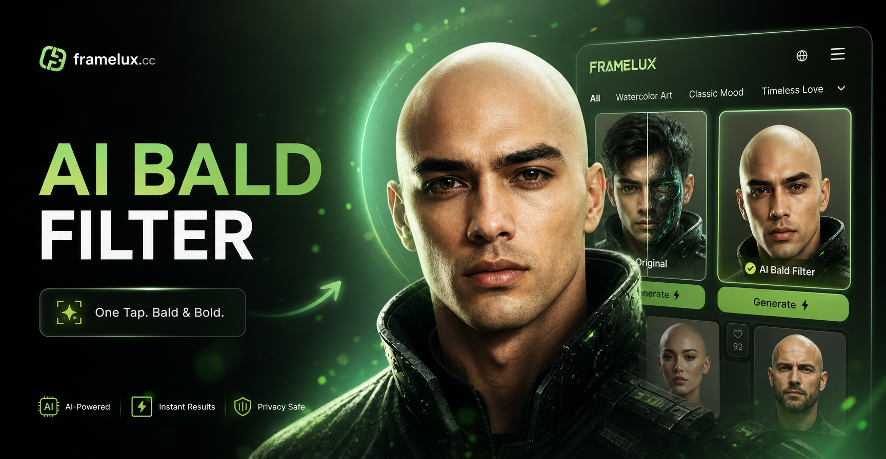 Realistic AI bald filter transformation example