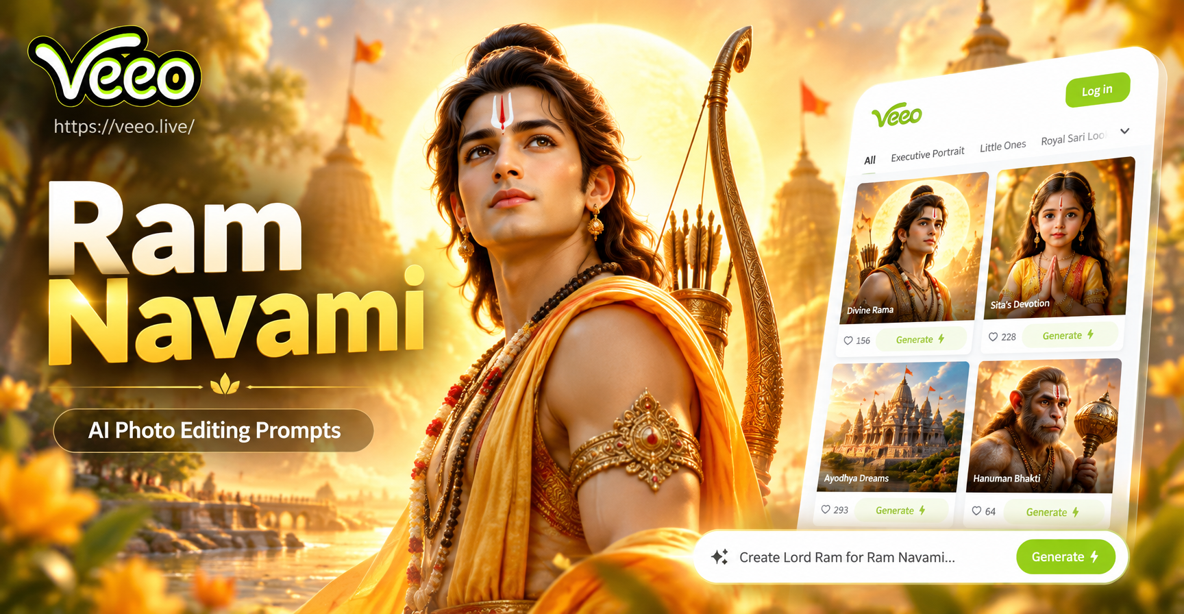 Ram Navami AI photo editing prompt examples showing Lord Rama portrait and temple decor