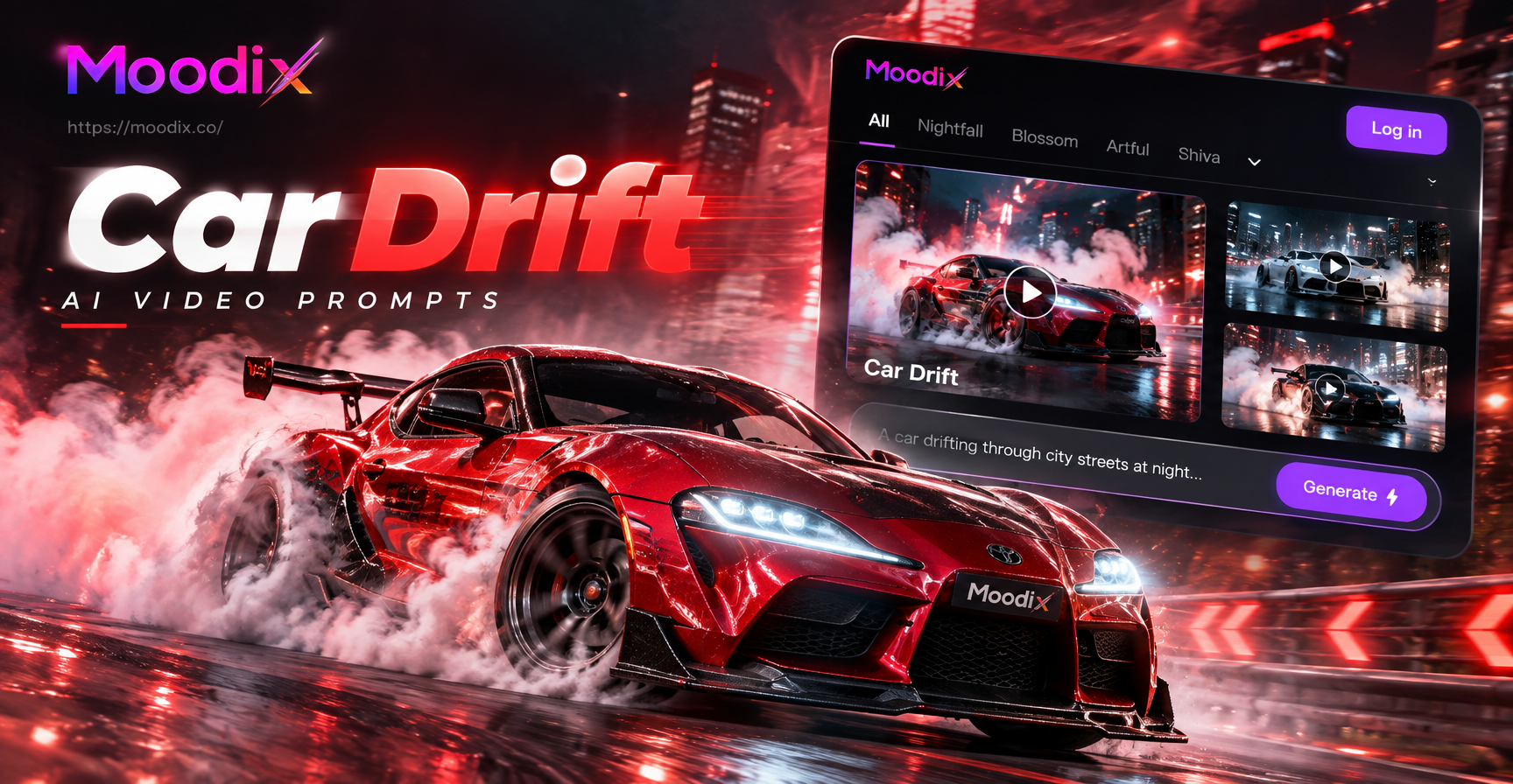 Mobil drift buatan AI dengan asap di jalan yang diterangi neon